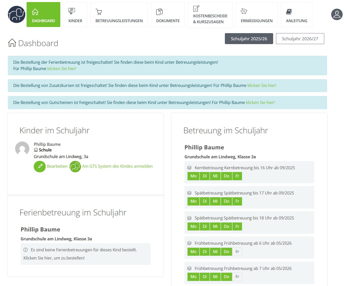 GTS Software für Ganztagsschule, Dashboard